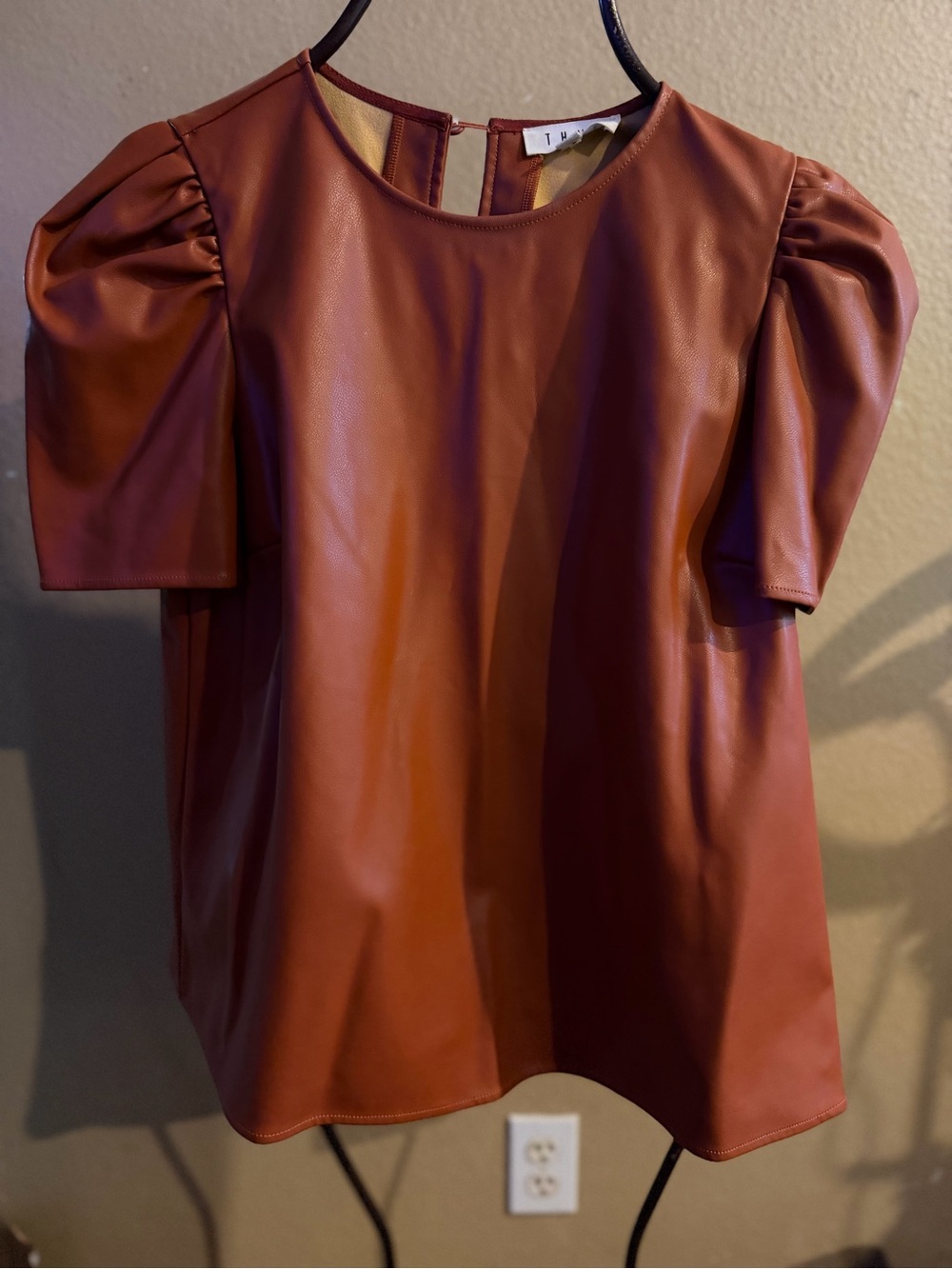 THML Faux Leather Puff Sleeve Top - Chestnut Rust